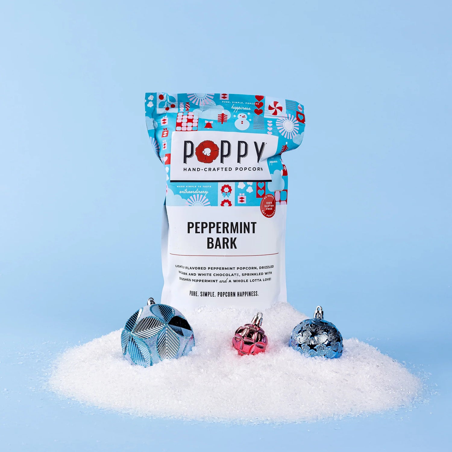 Peppermint Bark Poppy Popcorn Market Bag and ornaments shown.