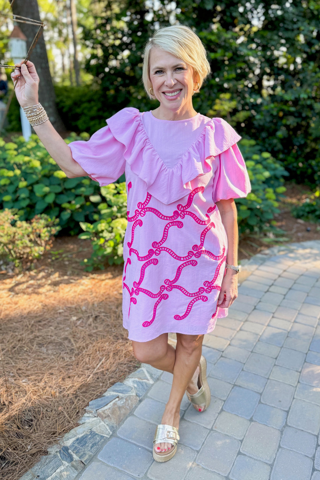 Rosy Outlook Pink Embroidered Ruffle Mini Dress