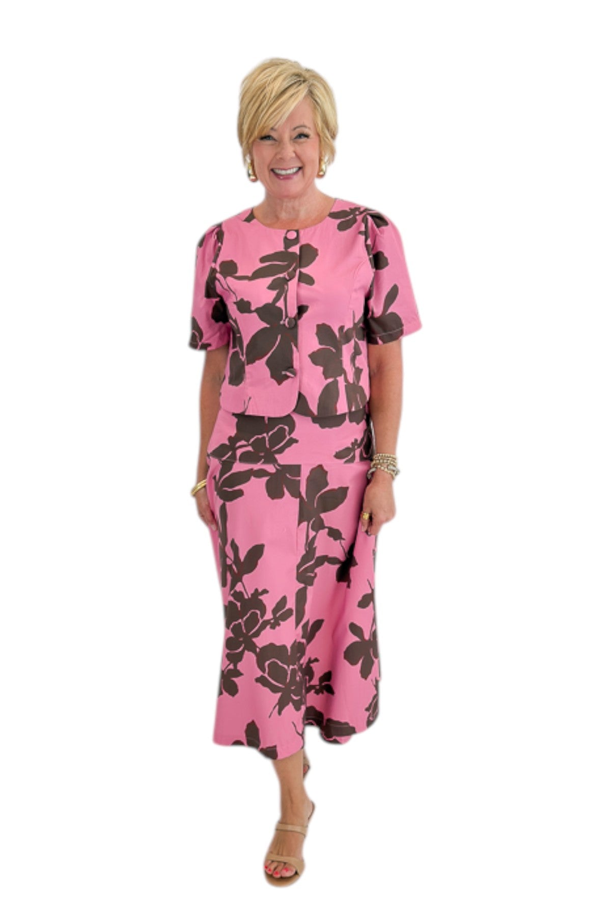 Front view of woman wearing Swagger Boutique’s Pink &amp; Brown Floral Midi Skirt &amp; Pink &amp; Brown Floral Button Up Top by Entro against white studio background.