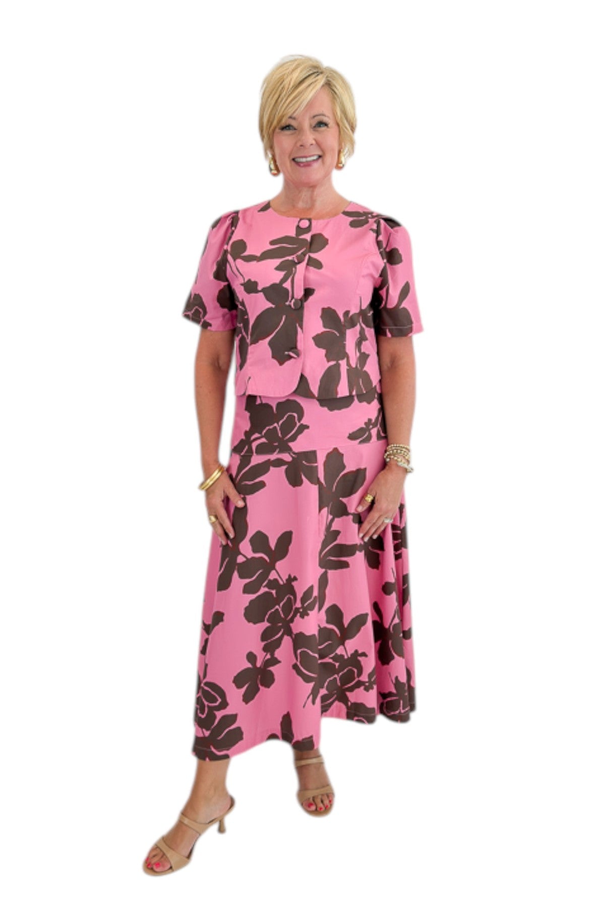 Front view of woman wearing Swagger Boutique’s Pink &amp; Brown Floral Midi Skirt &amp; Pink &amp; Brown Floral Button Up Top by Entro against white studio background.