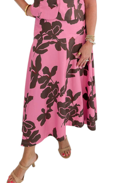 Front view of woman wearing Swagger Boutique’s Pink &amp; Brown Floral Midi Skirt &amp; Pink &amp; Brown Floral Button Up Top by Entro against white studio background.