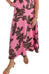Front view of woman wearing Swagger Boutique’s Pink & Brown Floral Midi Skirt & Pink & Brown Floral Button Up Top by Entro against white studio background.