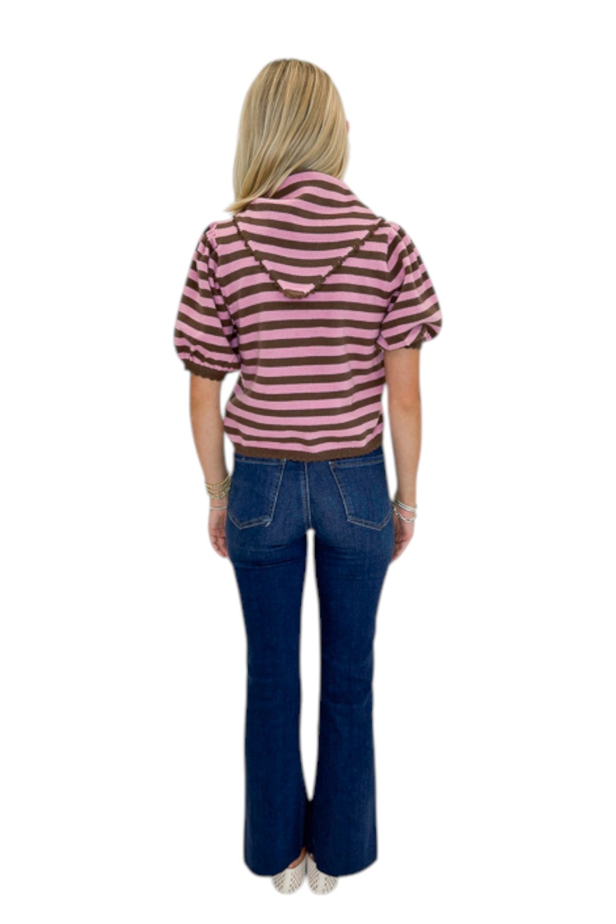 Back view of woman wearing Swagger Boutique’s Pink &amp; Brown Striped Faux Tie Short Sleeve Sweater by Entro with jeans against white studio background.