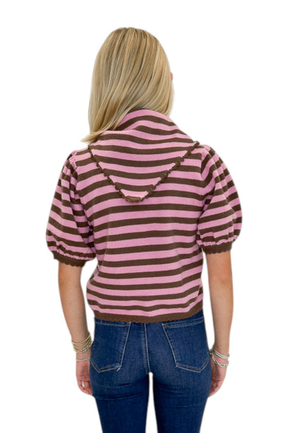 Back view of woman wearing Swagger Boutique’s Pink &amp; Brown Striped Faux Tie Short Sleeve Sweater by Entro with jeans against white studio background.