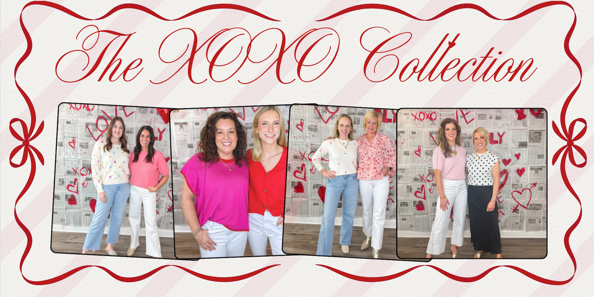 Promotional image for 'The XOXO Collection' with people posing against a decorated wall.