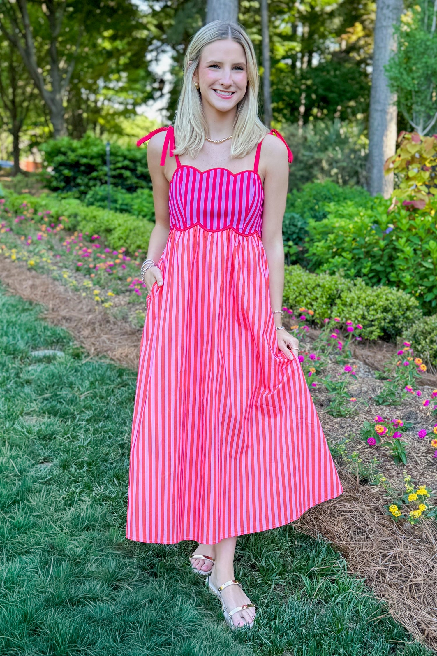 Pink Red Striped Midi Dress | Scallop Neckline Dress | Vacation Dress Women Swagger Boutique Pink Red Striped Midi Dress | Scallop Neckline Dress | Vacation Dress Women Swagger Boutique