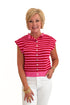 Front view of woman wearing Swagger Boutique’s Pink & Red Striped Sleeveless Button Up Sweater by Entro with jeans against white studio background.