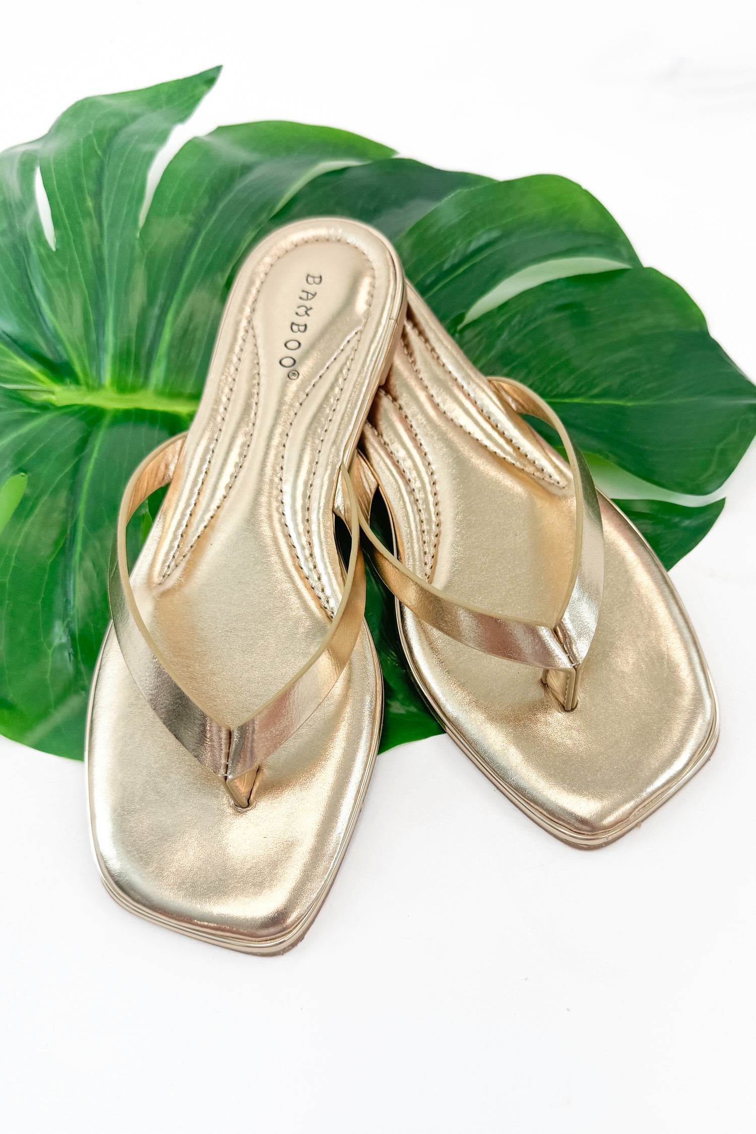 Pointer- Gold Flip Flops against studio background.