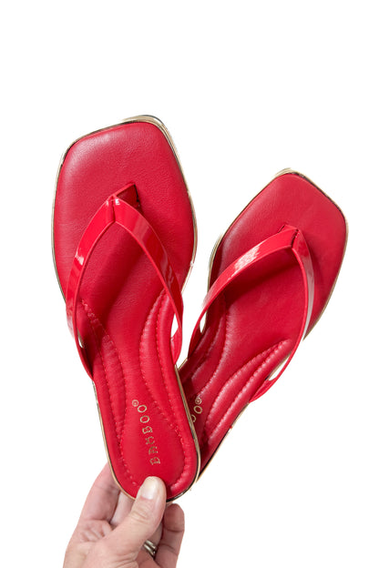 Pointer- Red Flip Flops against studio background.