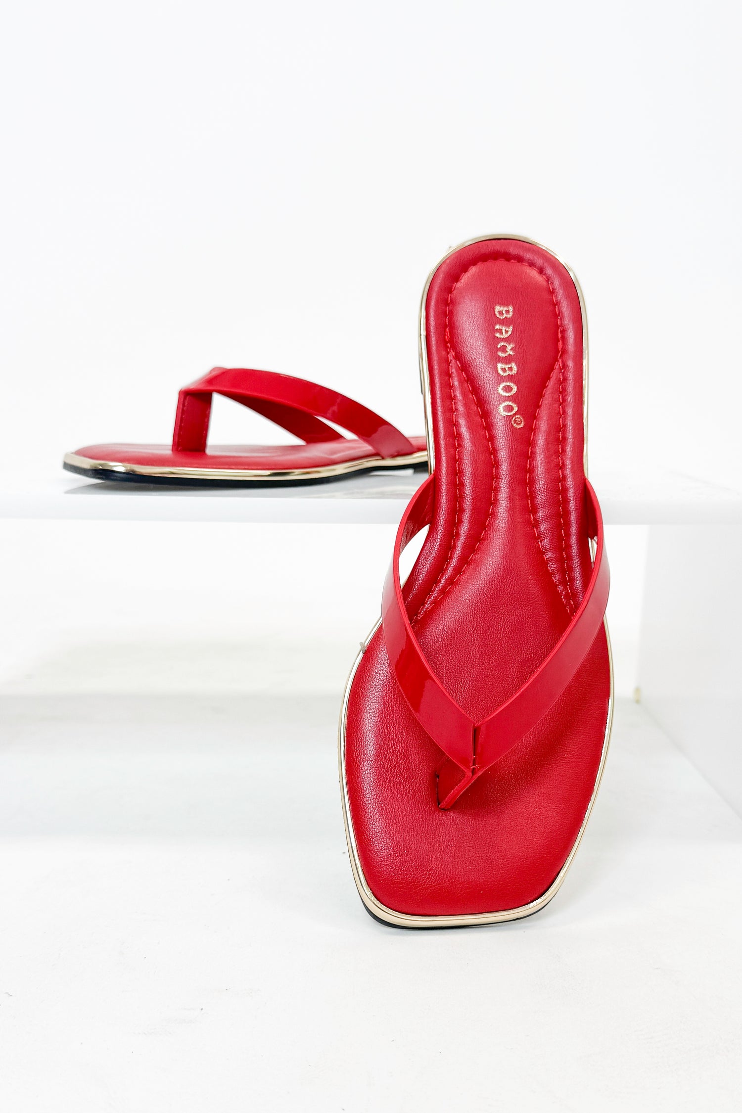 Pointer- Red Flip Flops against studio background.