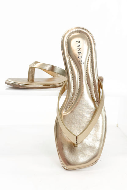 Pointer- Gold Flip Flops against studio background.