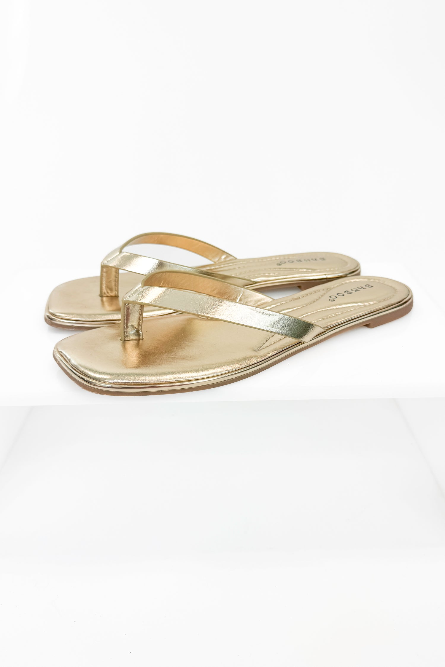 Pointer- Gold Flip Flops against studio background side view.