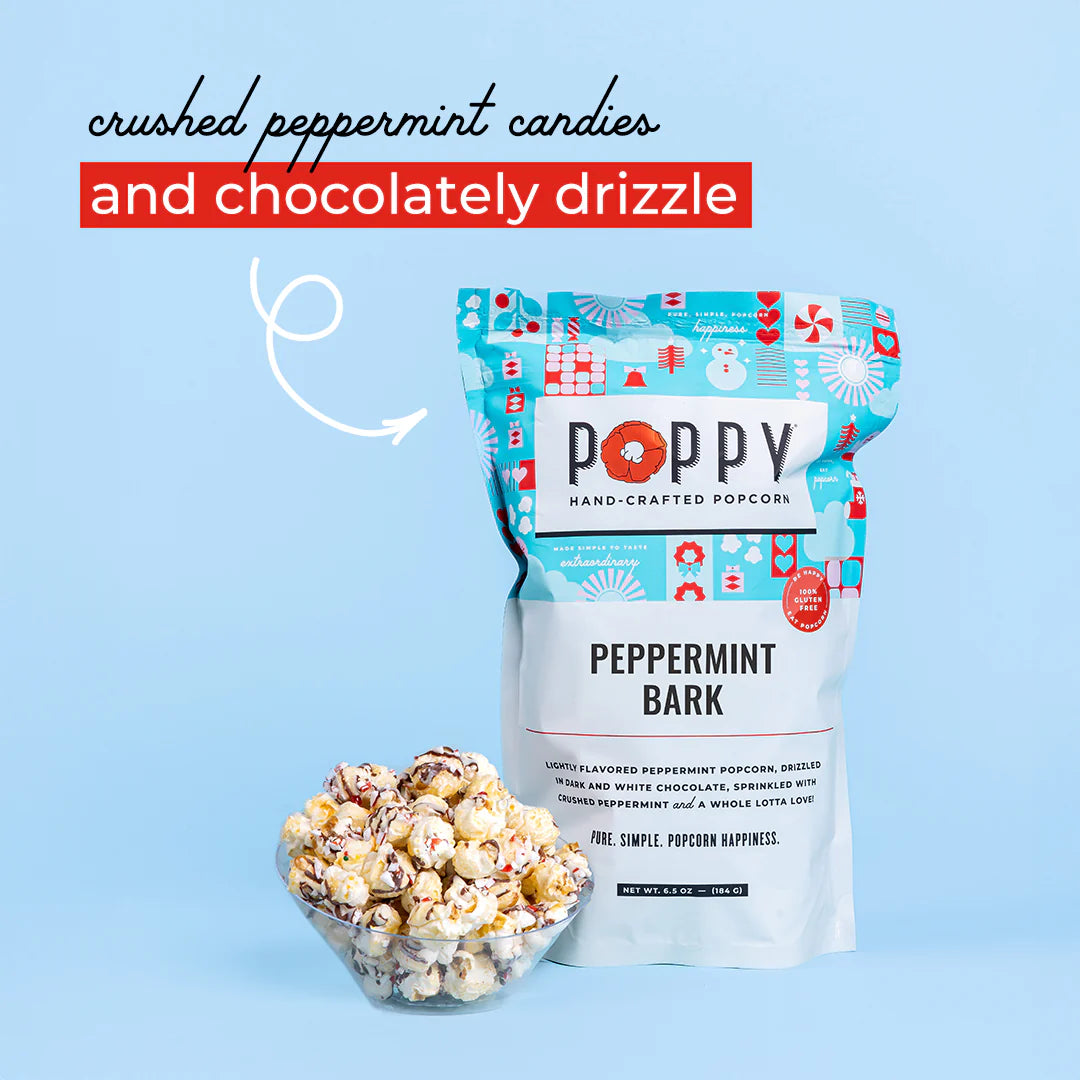 Peppermint Bark Poppy Popcorn Market Bag and popcorn shown.