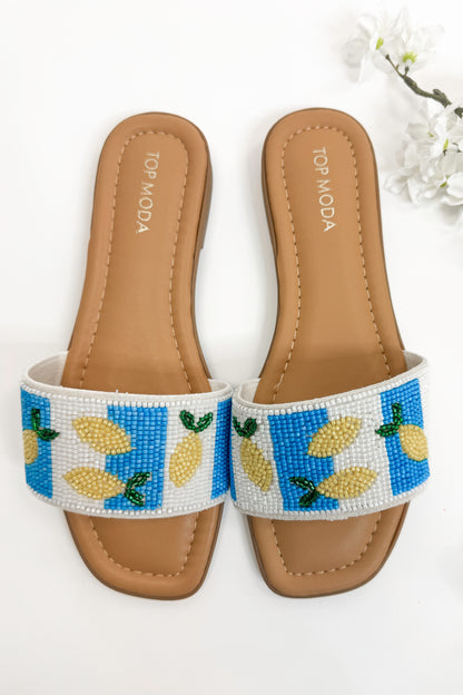 Rae- Blue &amp; White Lemon Beaded Sandals
