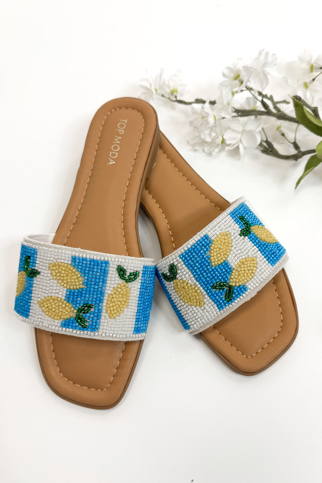 Rae- Blue &amp; White Lemon Beaded Sandals