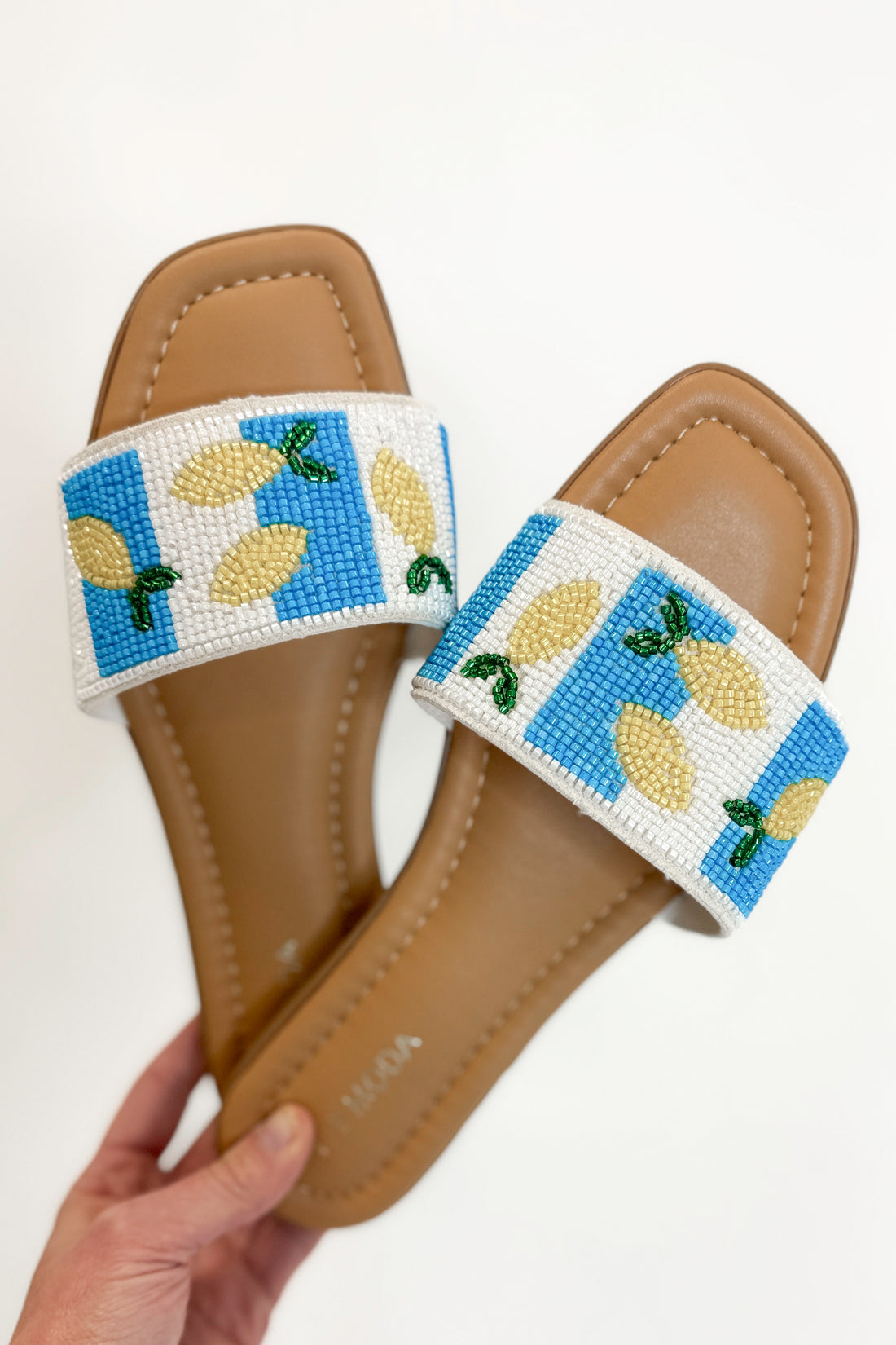 Rae- Blue &amp; White Lemon Beaded Sandals
