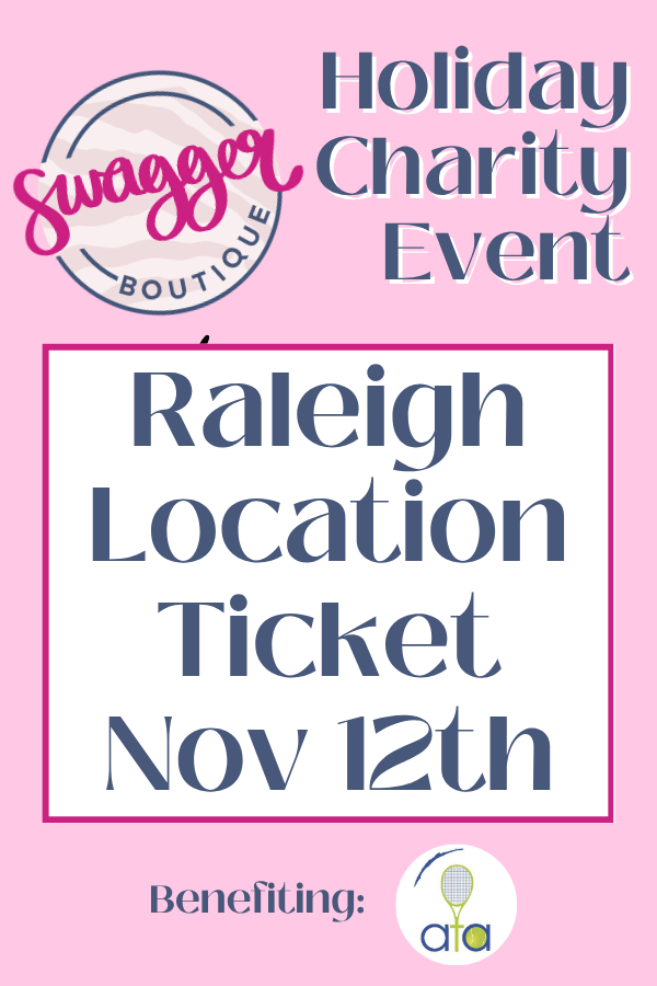 A pink promotional graphic for the Swagger Boutique Holiday Charity Event in Raleigh, dated November 12th. The design features a white central box with dark blue text reading &