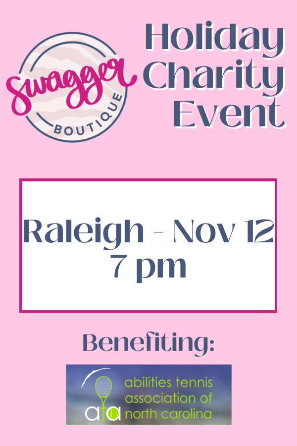 A pink flyer for the Swagger Boutique Holiday Charity Event in Raleigh, North Carolina, held on November 12 at 7 pm. The flyer indicates the event is benefiting the abilities tennis association of north Carolina.