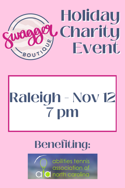 A pink flyer for the Swagger Boutique Holiday Charity Event in Raleigh, North Carolina, held on November 12 at 7 pm. The flyer indicates the event is benefiting the abilities tennis association of north Carolina.