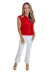 Front view of woman wearing Swagger Boutique’s Red Sleeveless Button Up Sweater with jeans against white studio background.