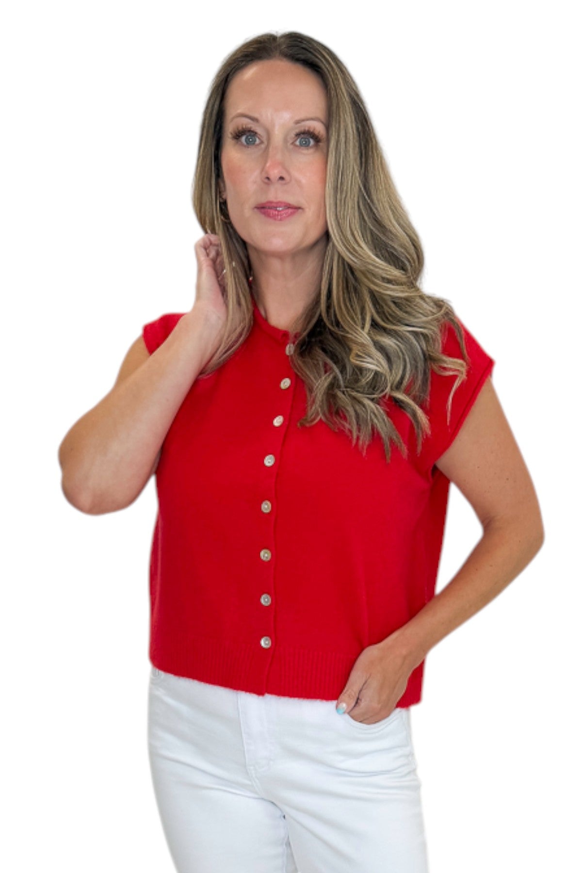Front view of woman wearing Swagger Boutique’s Red Sleeveless Button Up Sweater with jeans against white studio background.