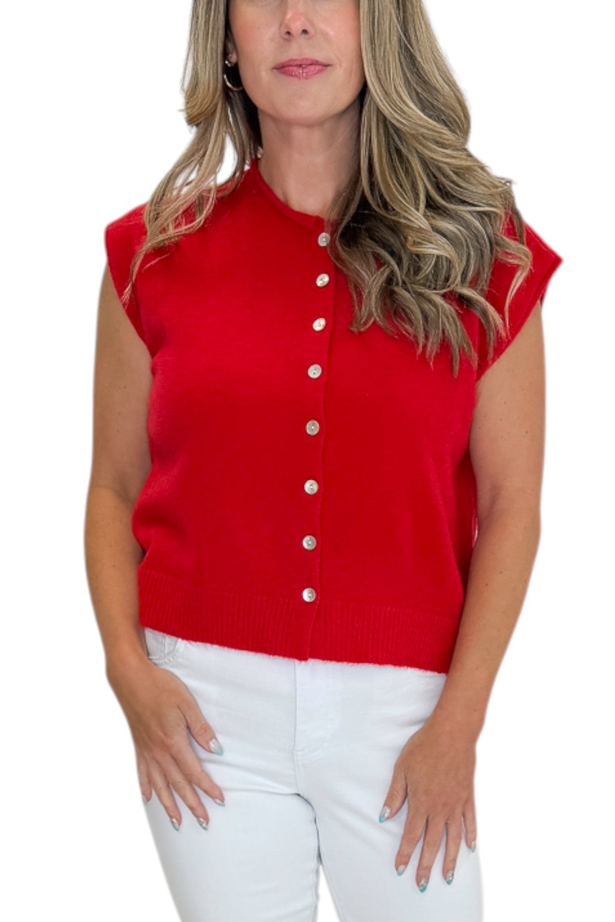 Front detail view of woman wearing Swagger Boutique’s Red Sleeveless Button Up Sweater with jeans against white studio background.