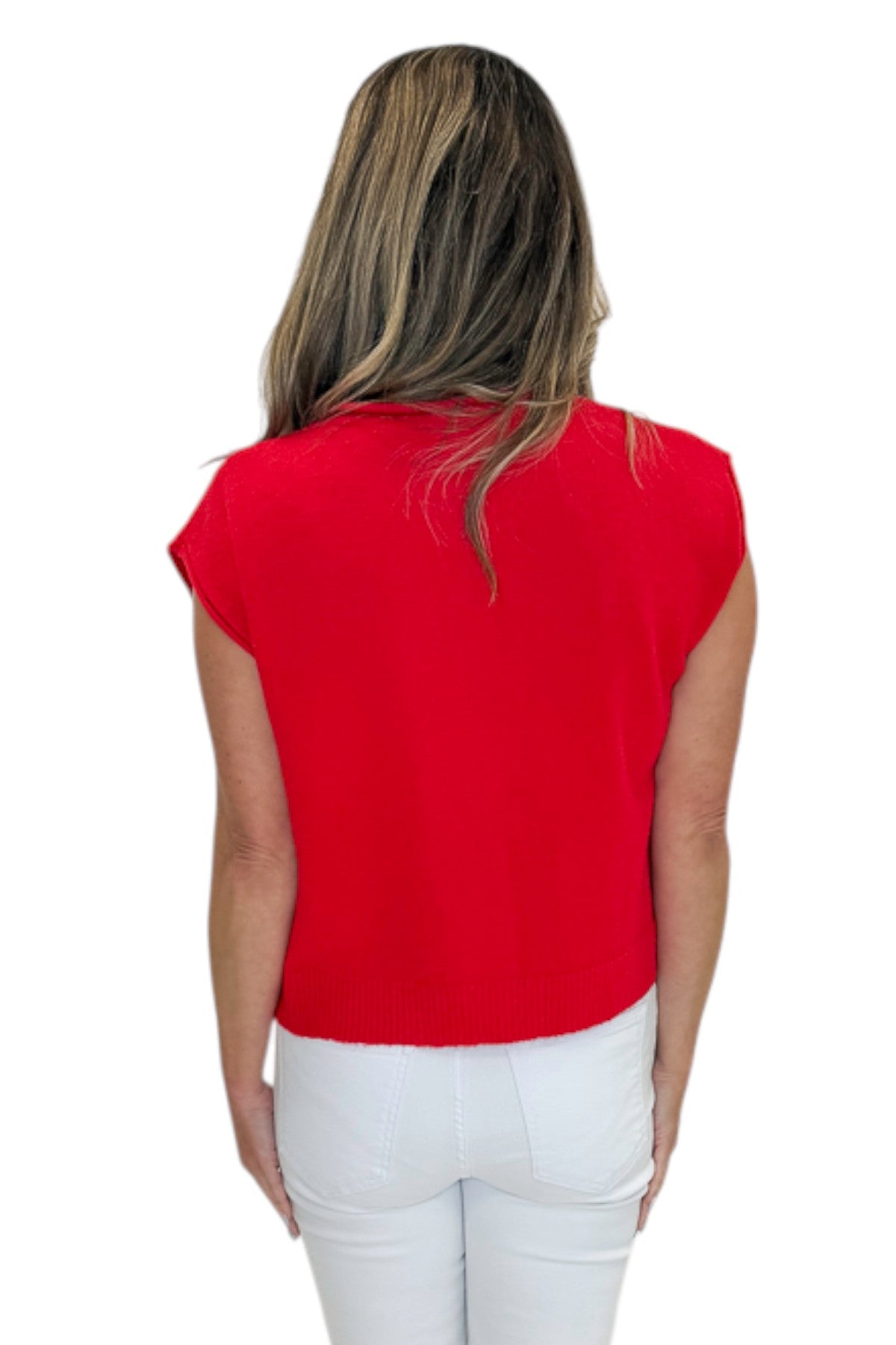 Back view of woman wearing Swagger Boutique’s Red Sleeveless Button Up Sweater with jeans against white studio background.