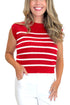 Front detail view of woman wearing Swagger Boutique’s Red & White Striped Sleeveless Sweater with jeans against white studio background.