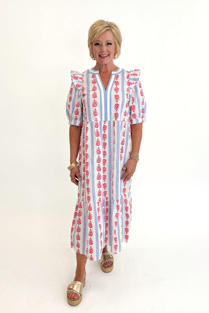 Front view of woman wearing Swagger Boutique’s Red, White &amp; Blue Jonah Midi Dress by MudPie with Lulah Platform Sandals against white studio background.