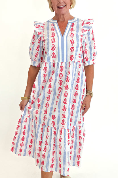 Front detail view of woman wearing Swagger Boutique’s Red, White &amp; Blue Jonah Midi Dress by MudPie with Lulah Platform Sandals against white studio background.