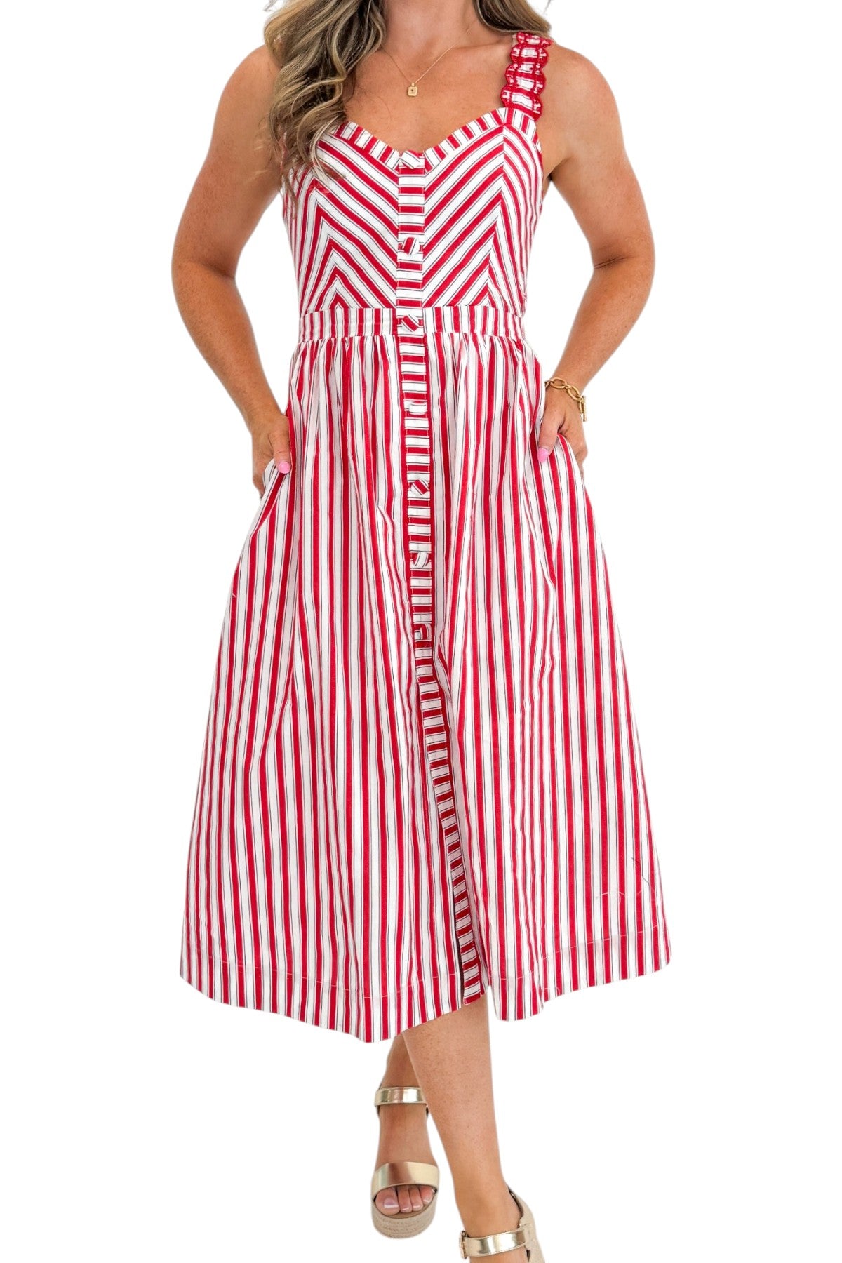 Front detail view of woman wearing Swagger Boutique’s Red, White &amp; Blue Striped Midi Dress with sandals against white studio background.