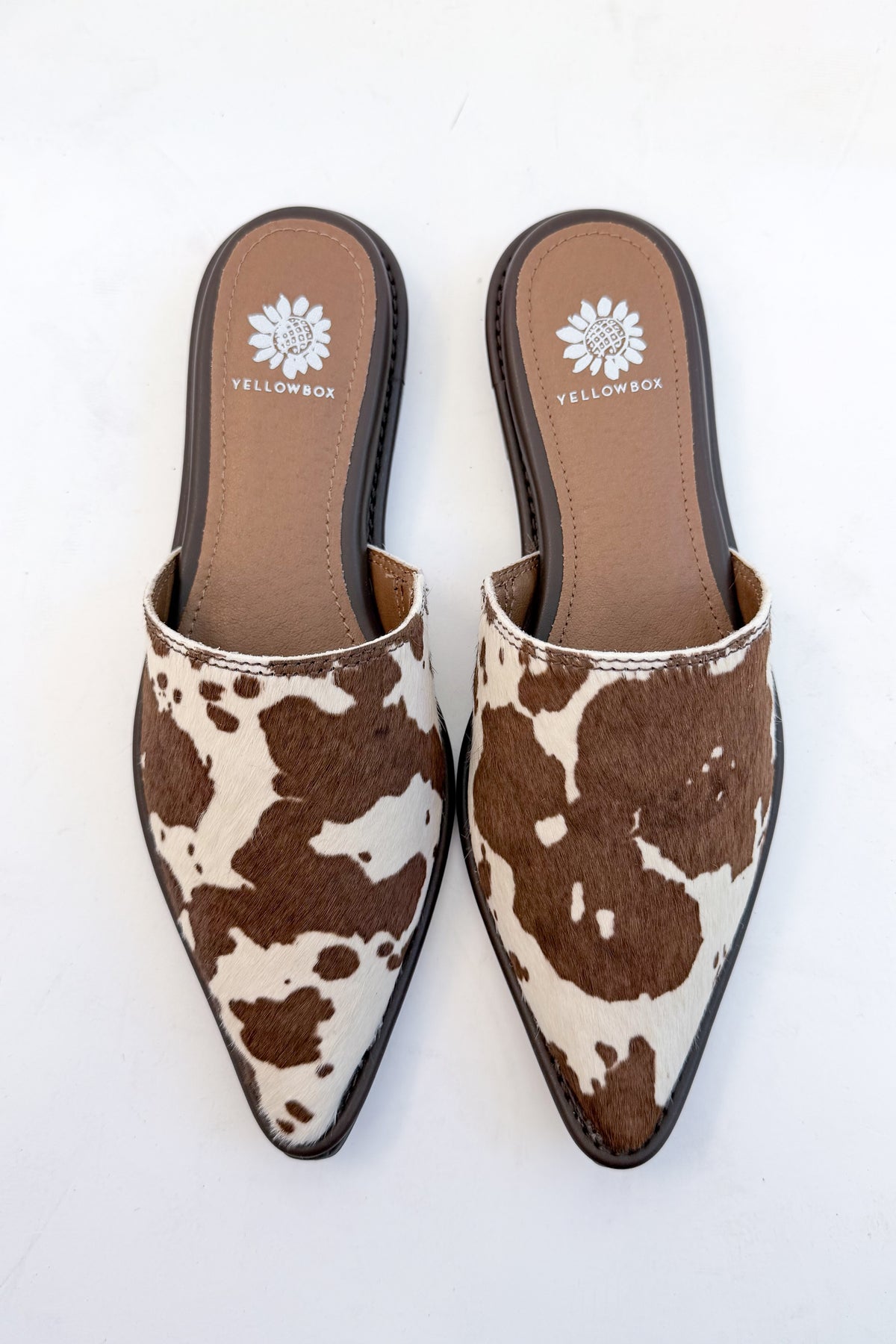 Regan- Cow Print Mule against white studio background.