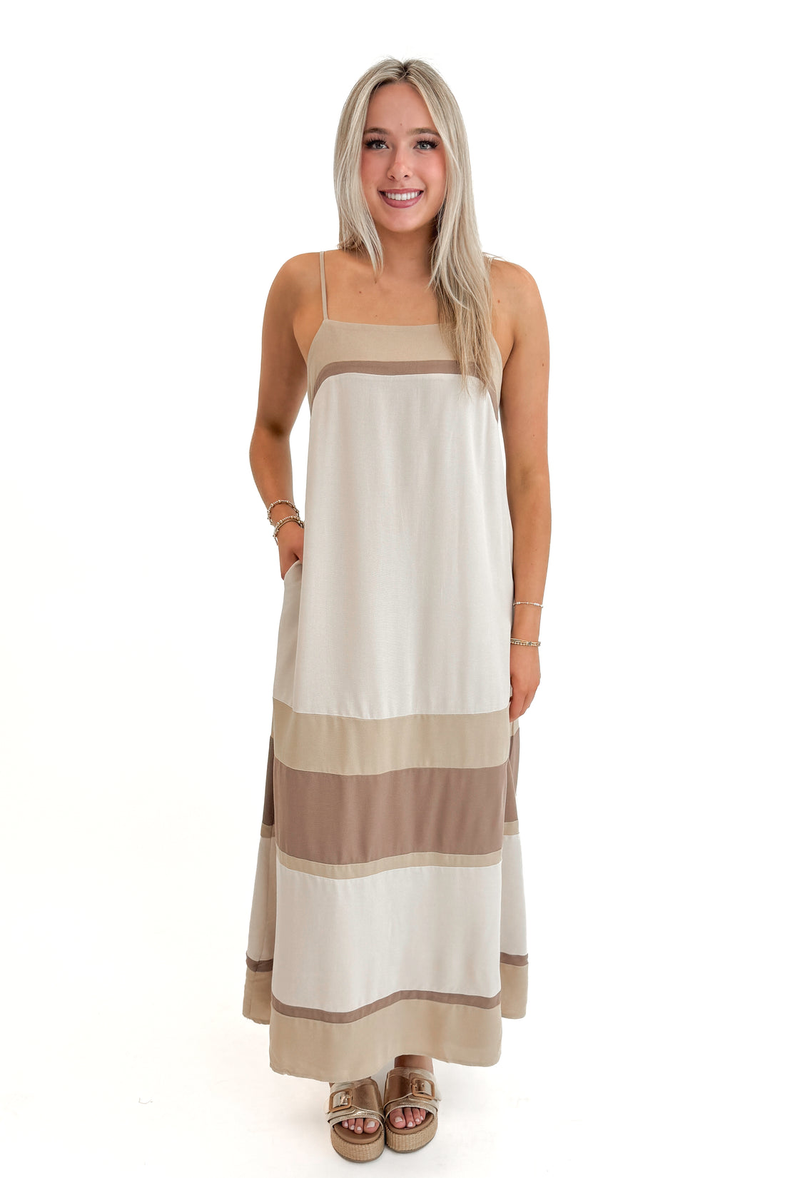 Front view of woman wearing Taupe &amp; Multi Color Block Maxi Dress against white studio background.