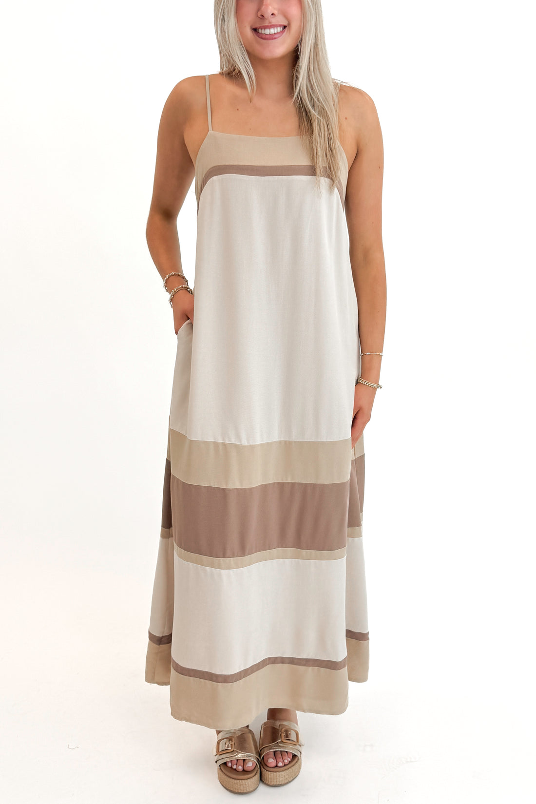 Front view of woman wearing Taupe &amp; Multi Color Block Maxi Dress against white studio background.