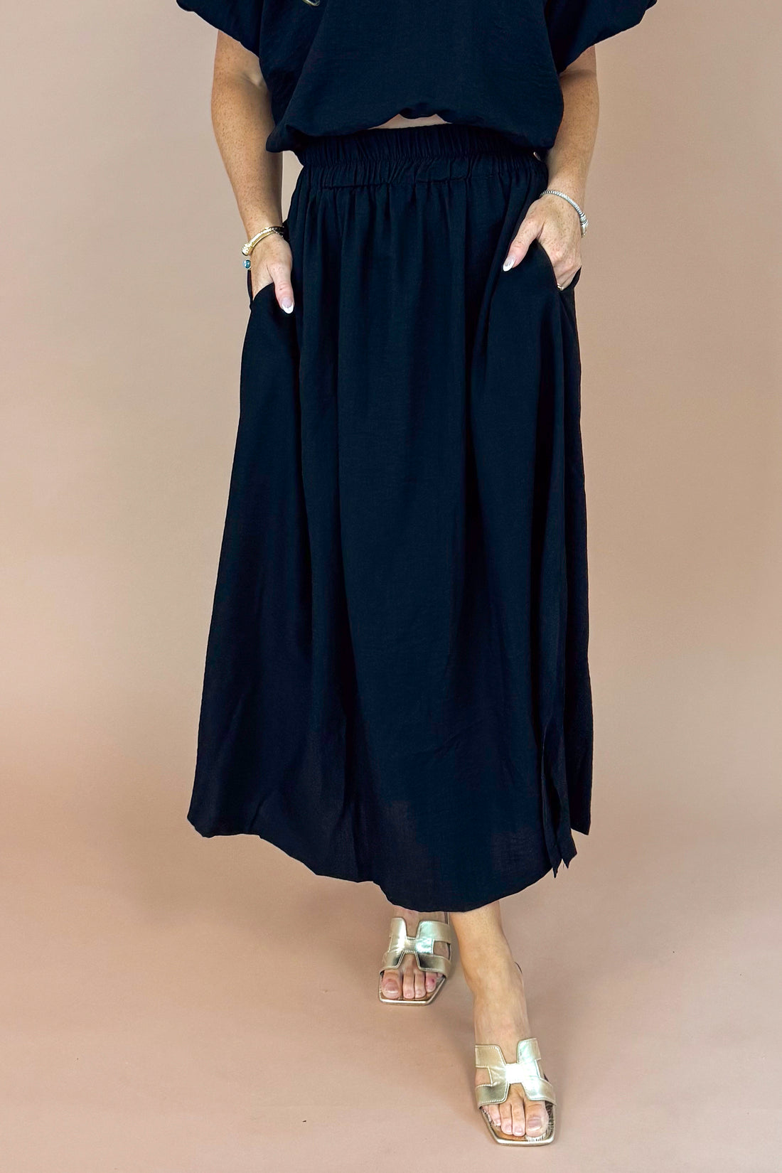Jet Set Black Side Slit Midi Skirt by Entro