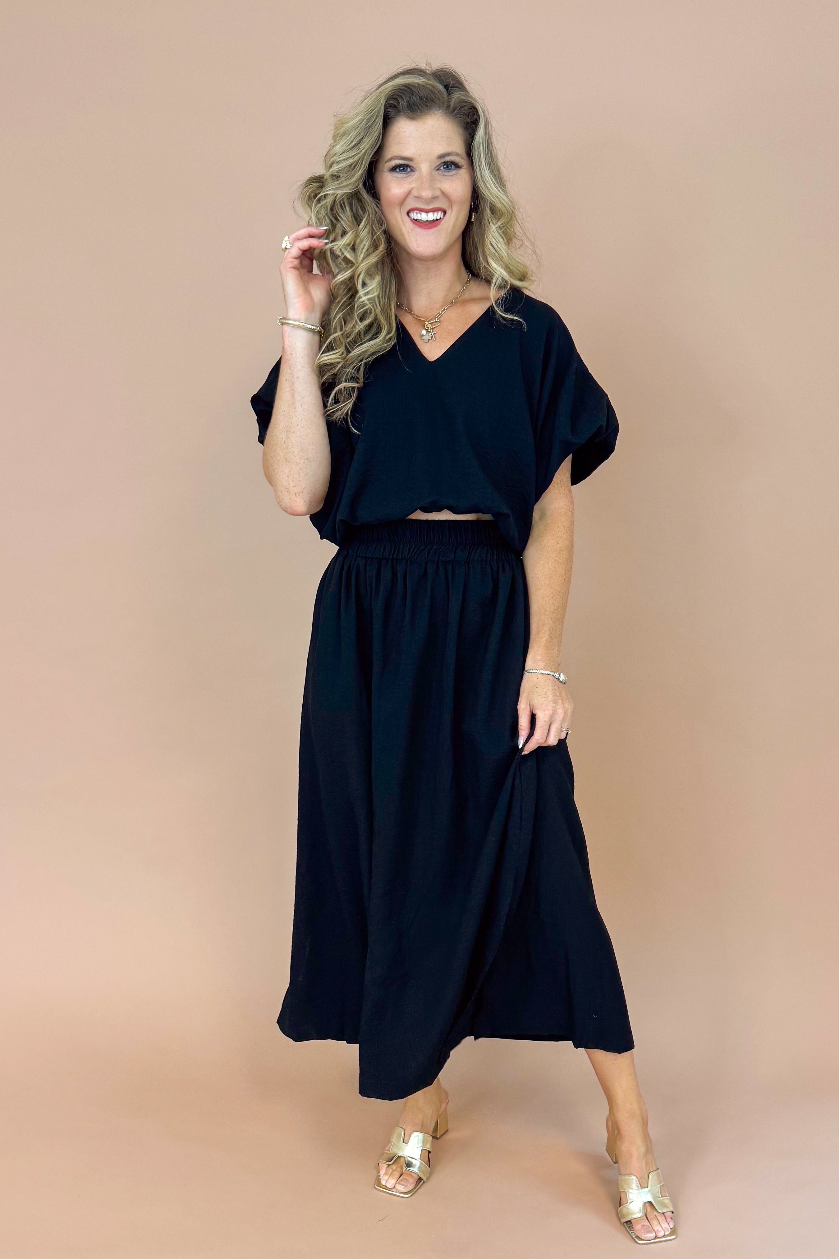Jet Set Black Side Slit Midi Skirt by Entro