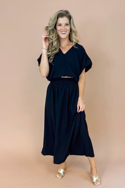 Jet Set Black Side Slit Midi Skirt by Entro