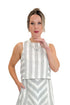 Front view of woman wearing Cream & Grey Striped Skirt by Entro with matching tank against white studio background.