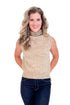 Woman wearing Sweeter Than Cider Taupe Turtleneck Sleeveless Sweater by She + Sky - front view showing turtleneck design and sleeveless cut.