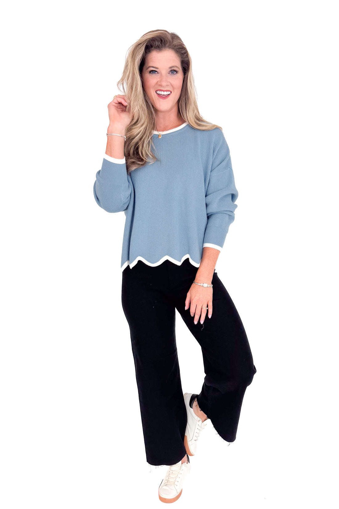 Silver Lining Light Blue &amp; Cream Scallop Lined Sweater by She + Sky