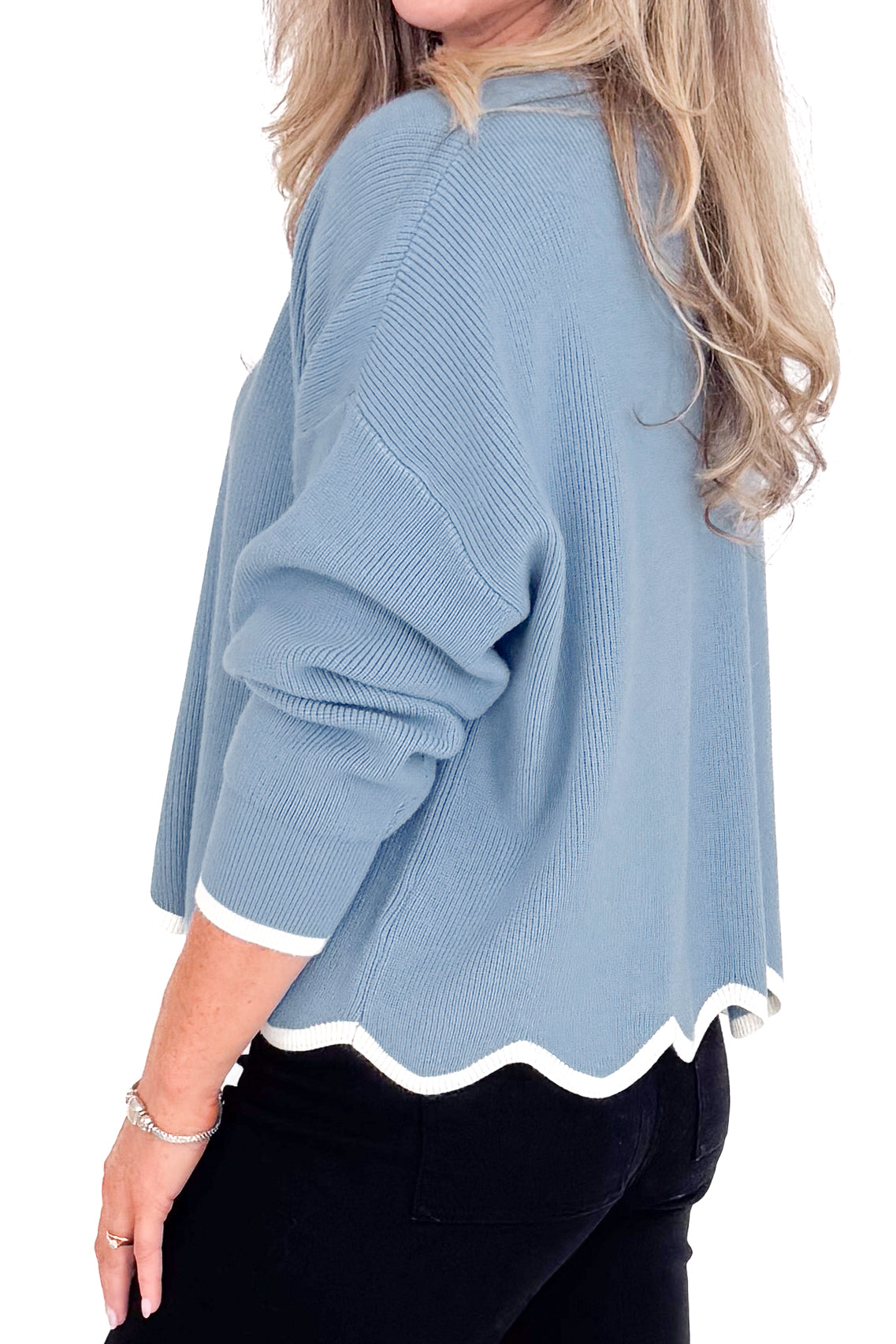 Silver Lining Light Blue &amp; Cream Scallop Lined Sweater by She + Sky