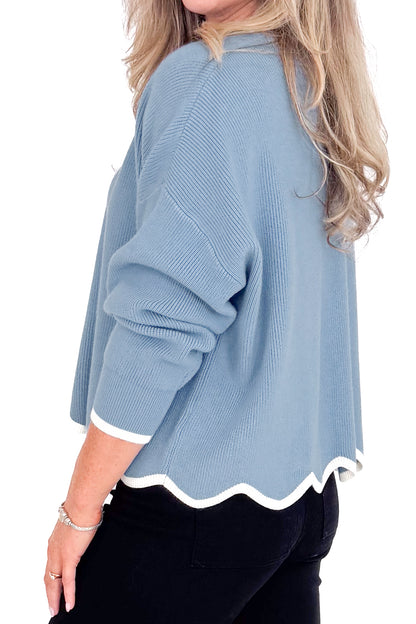 Silver Lining Light Blue &amp; Cream Scallop Lined Sweater by She + Sky