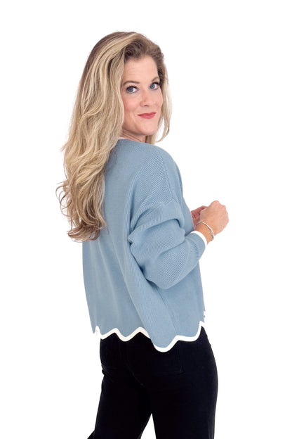 Silver Lining Light Blue &amp; Cream Scallop Lined Sweater by She + Sky