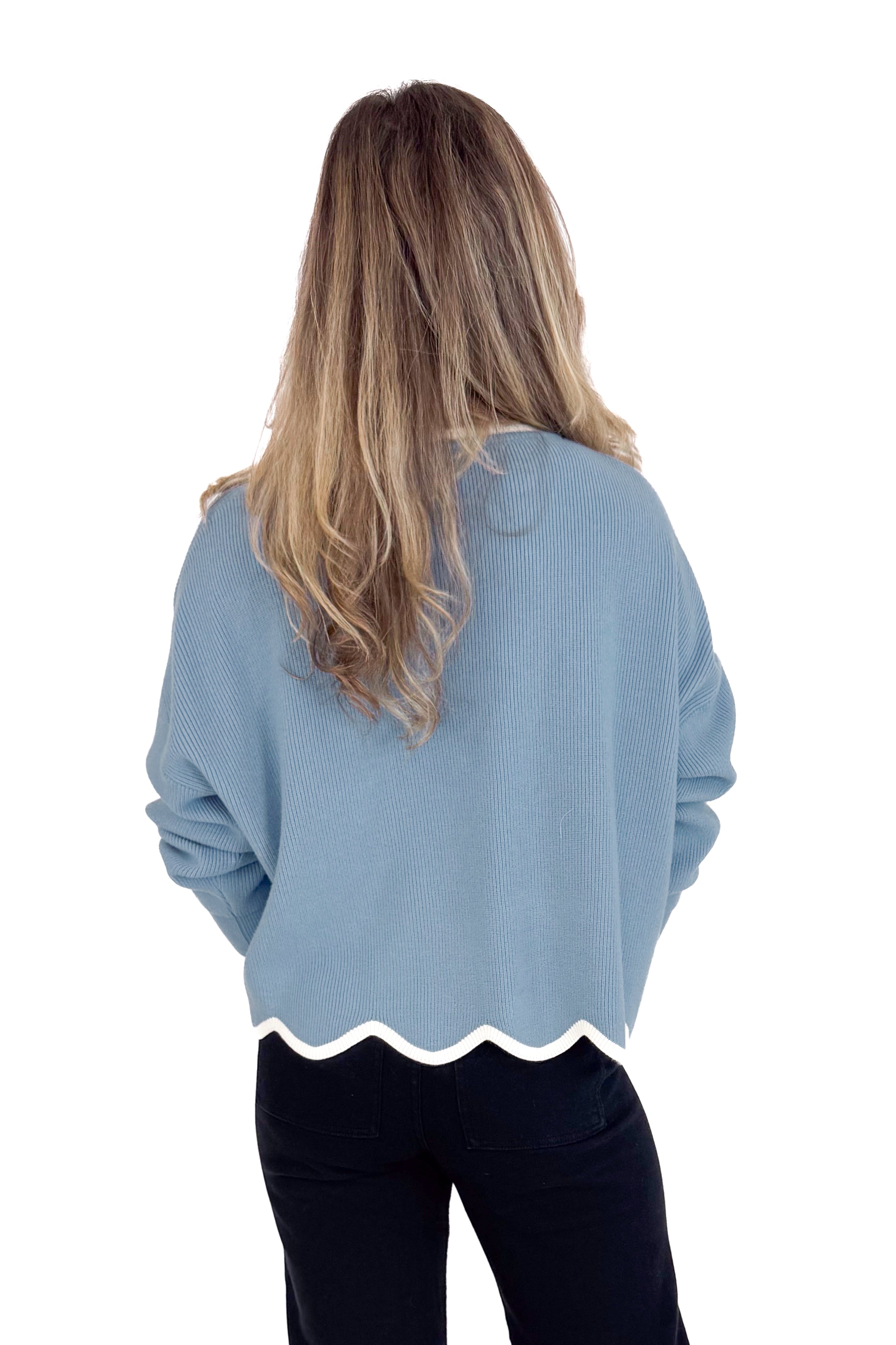 Silver Lining Light Blue &amp; Cream Scallop Lined Sweater by She + Sky