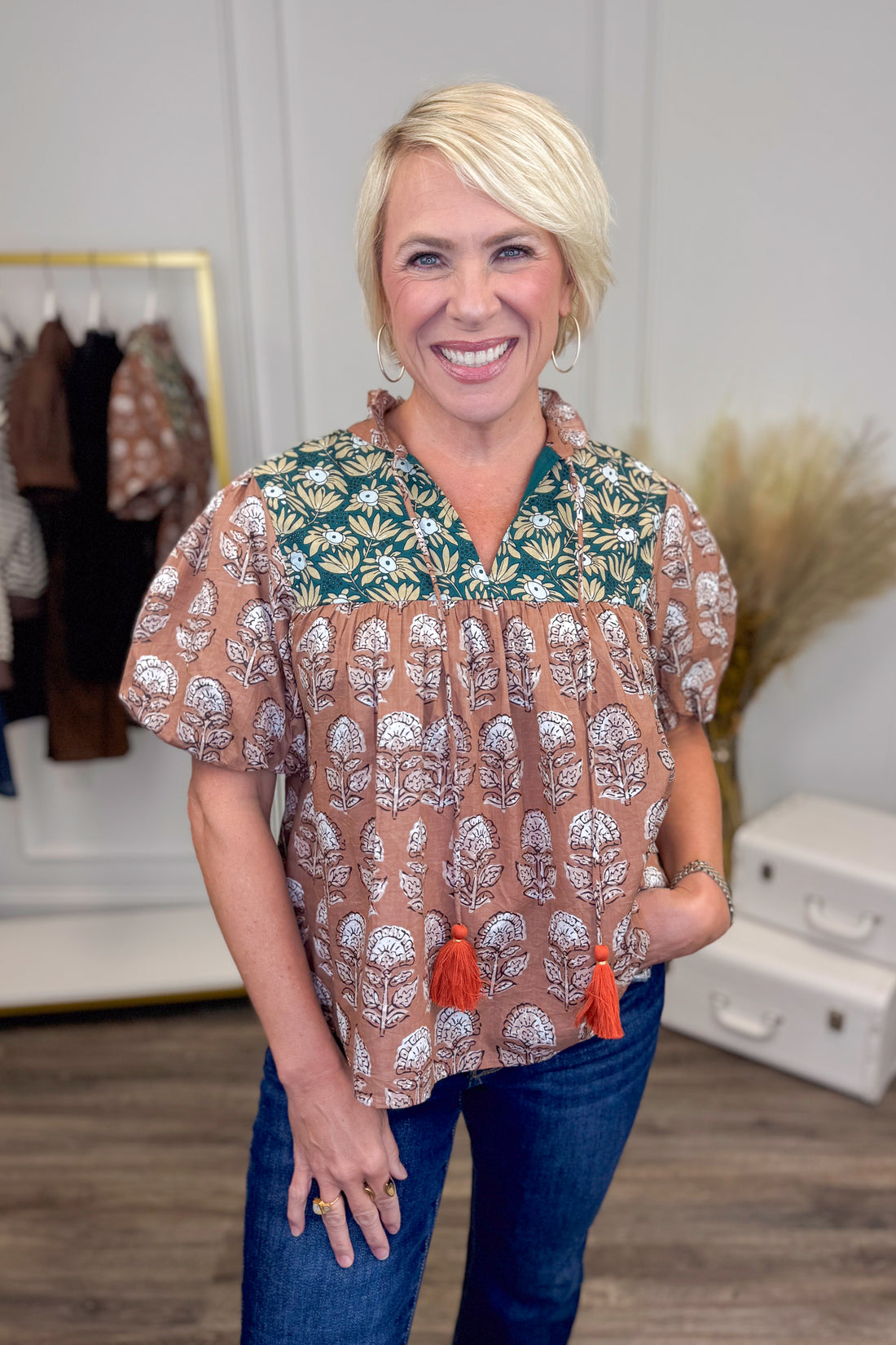 Spice Things Up Brown &amp; Teal Multi Printed Puff Sleeve Top by THML