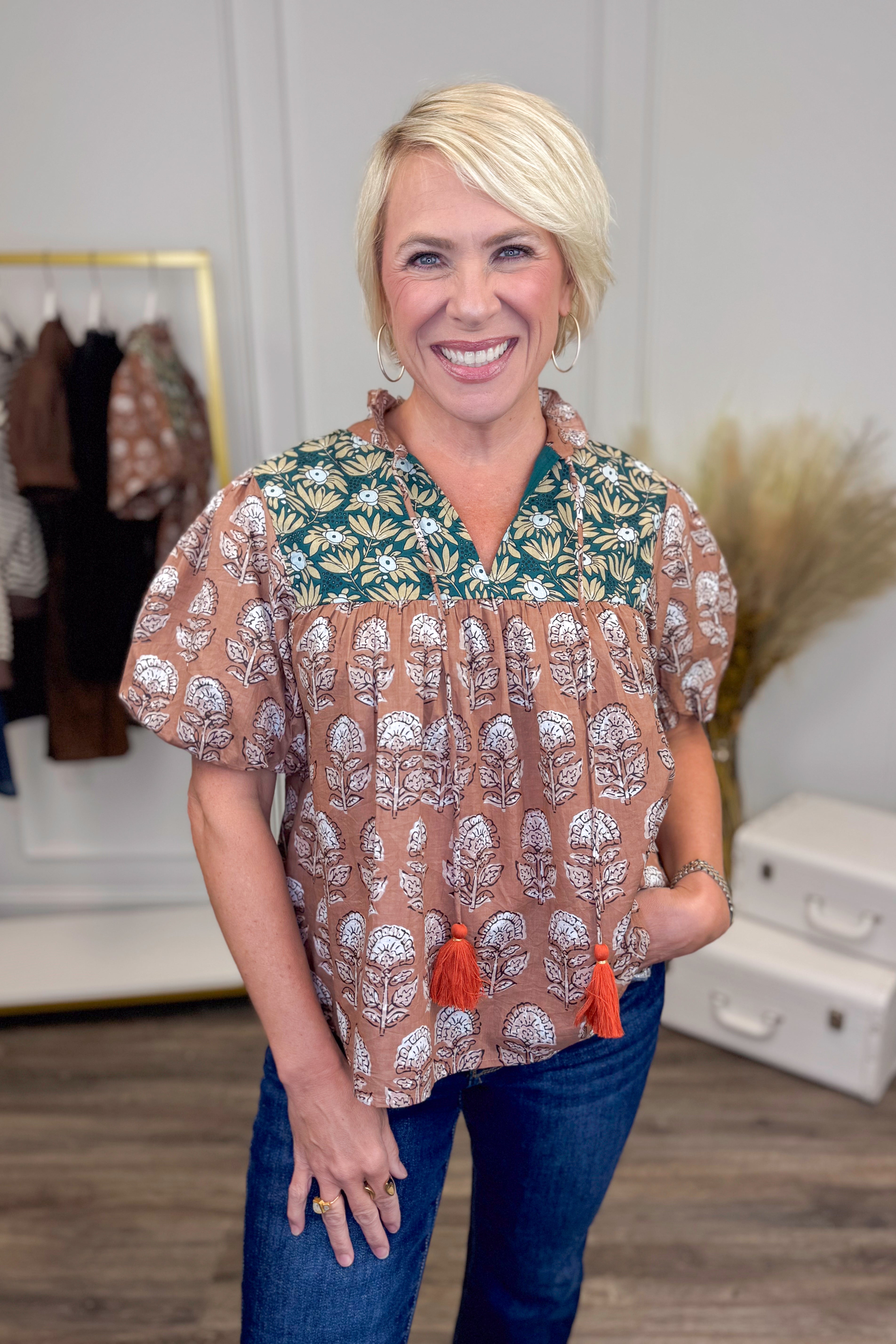 Spice Things Up Brown &amp; Teal Multi Printed Puff Sleeve Top by THML