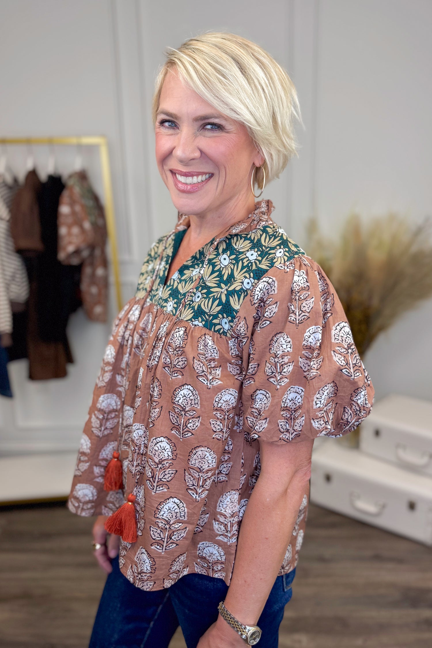 Spice Things Up Brown &amp; Teal Multi Printed Puff Sleeve Top by THML