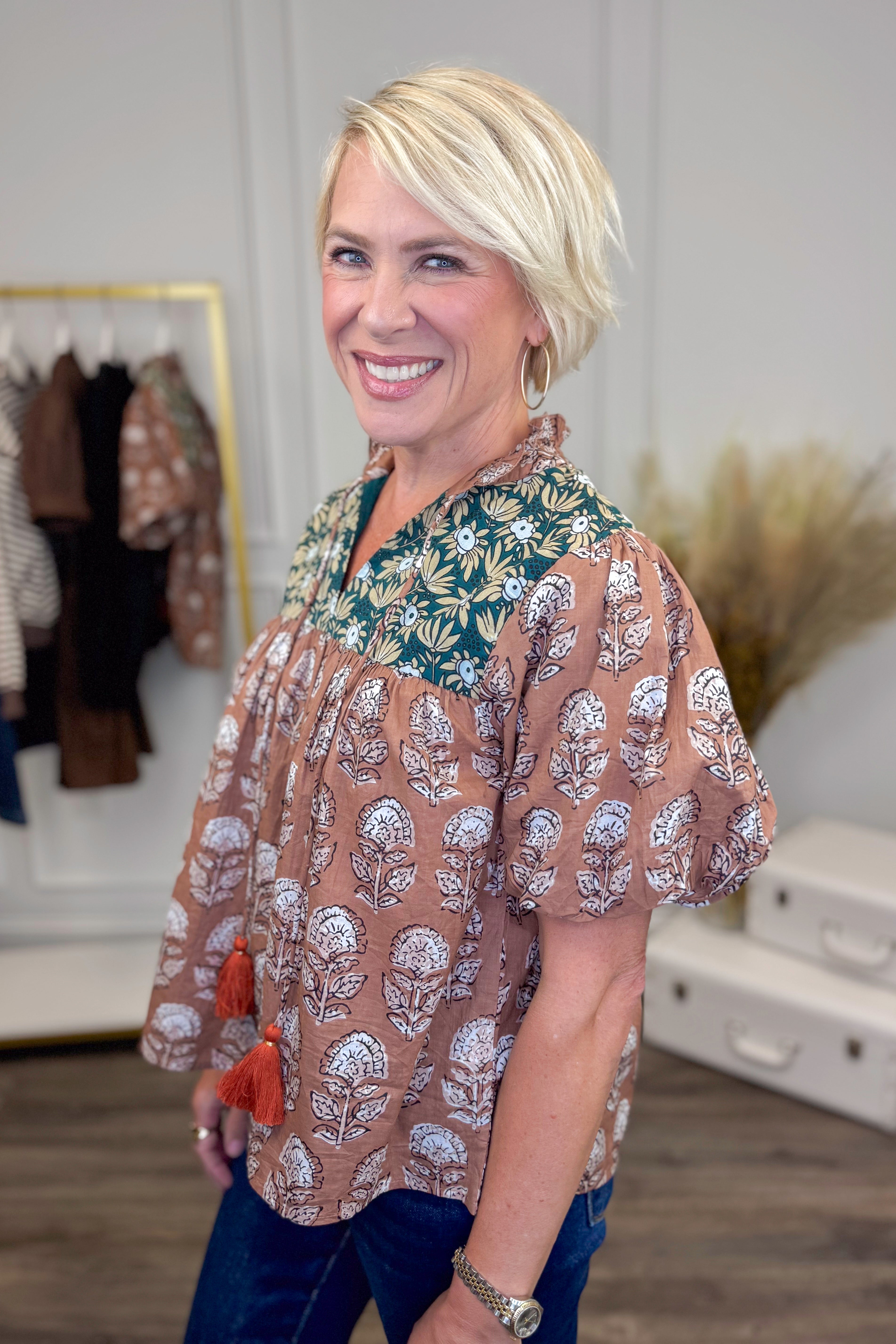 Spice Things Up Brown &amp; Teal Multi Printed Puff Sleeve Top by THML
