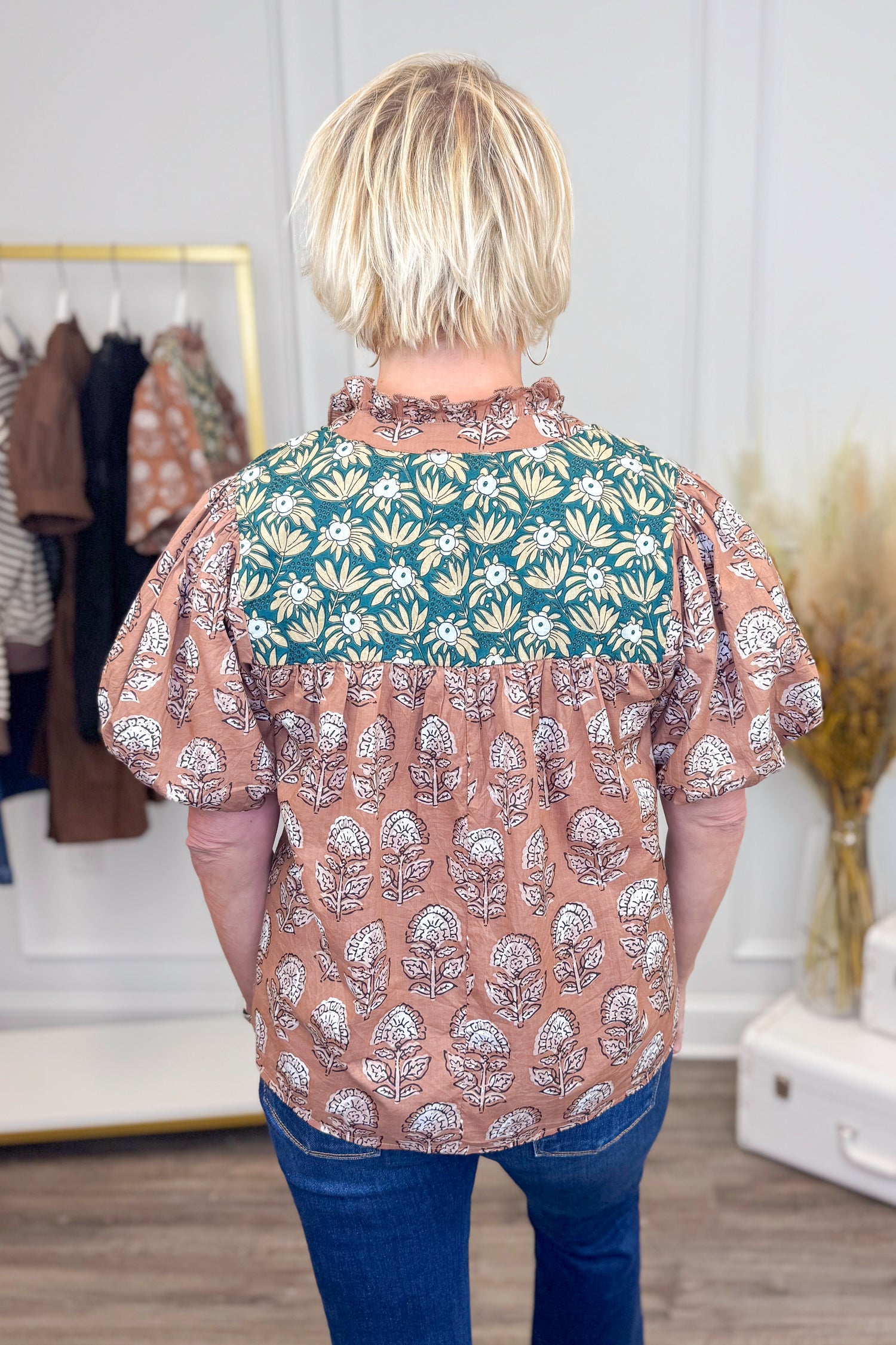 Spice Things Up Brown &amp; Teal Multi Printed Puff Sleeve Top by THML