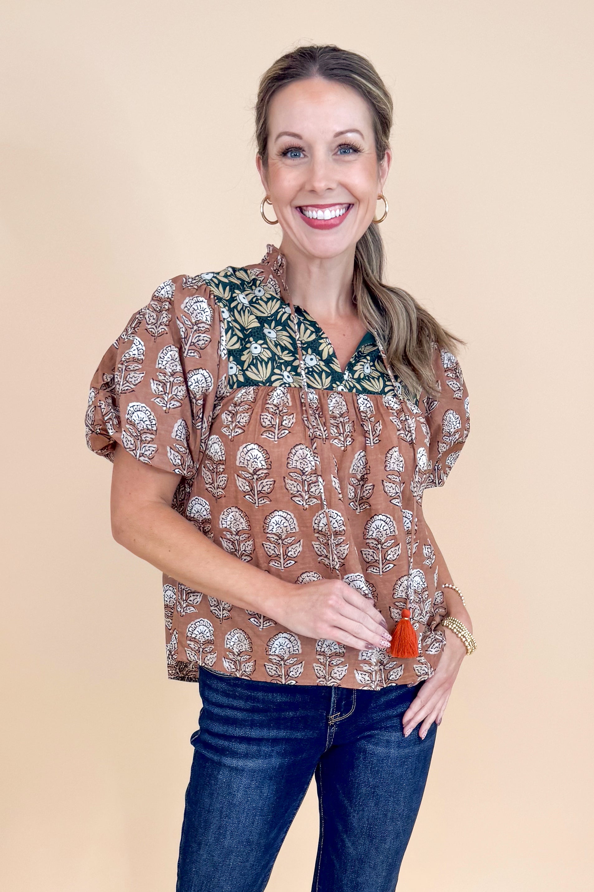 Spice Things Up Brown &amp; Teal Multi Printed Puff Sleeve Top by THML